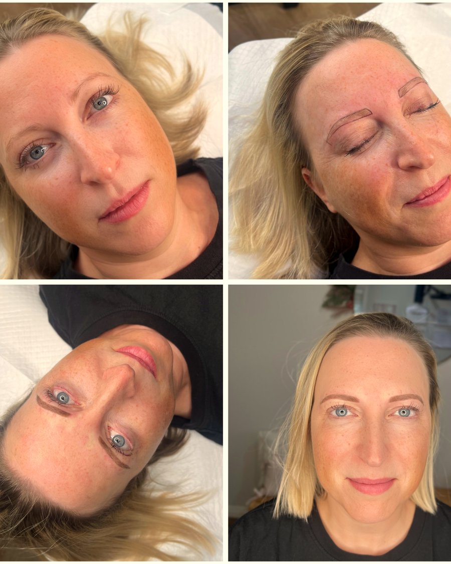 Eyebrow cosmetic tattoo before and after result close up