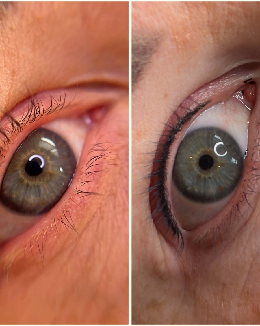 Lash enhancement and eyeliner before and after result